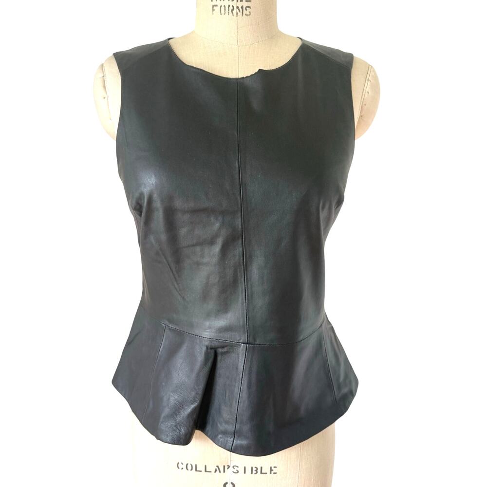 Trina Turk Leather Sleeveless Peplum Top in Black Size 6 Minimal Clean